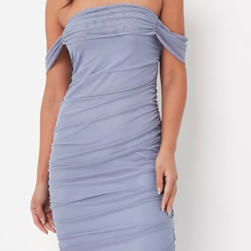 Blue Bardot Ruched Mesh Midi Dress
